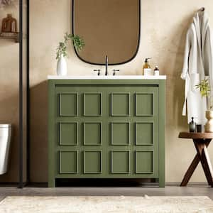 36 in. W x 18 in. D x 34 in. H Single Sink Freestanding Bath Vanity in Green with White Resin Top and Storage Cabinet