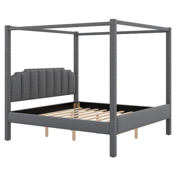 URTR Gray Wood Frame King Size Upholstered Canopy Bed Platform Bed Frame with Headboard and Nailhead Trim