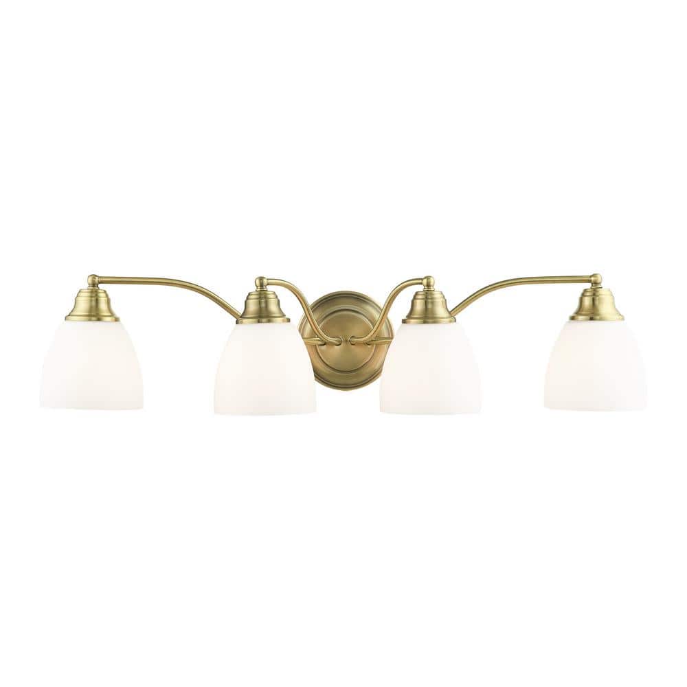 Beaumont 30 in. 4-Light Antique Brass Vanity Light with Satin Opal White Gl