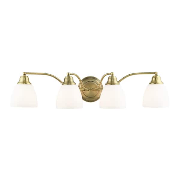 Livex Lighting Beaumont 30 in. 4-Light Antique Brass Vanity Light with Satin Opal White Glass