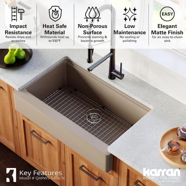 Karran QARWS- 740 Quartz 34 in. Single Bowl Retrofit Farmhouse Apron Front  Workstation Kitchen Sink in Concrete QARWS-740-CN - The Home Depot