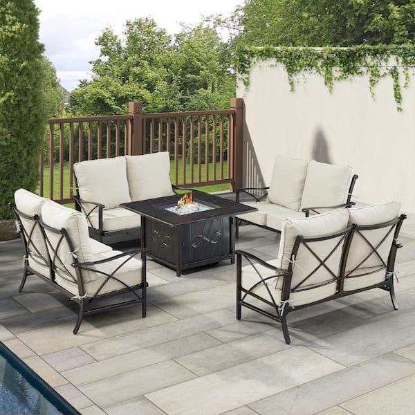Oakland Living Black Aluminum Fire Table Set with 4-Deep Seating Loveseats