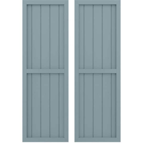Ekena Millwork 17-1/2 in. W x 33 in. H Americraft 5 Board Real Wood Two Equal Panel Framed Board and Batten Shutters Peaceful Blue