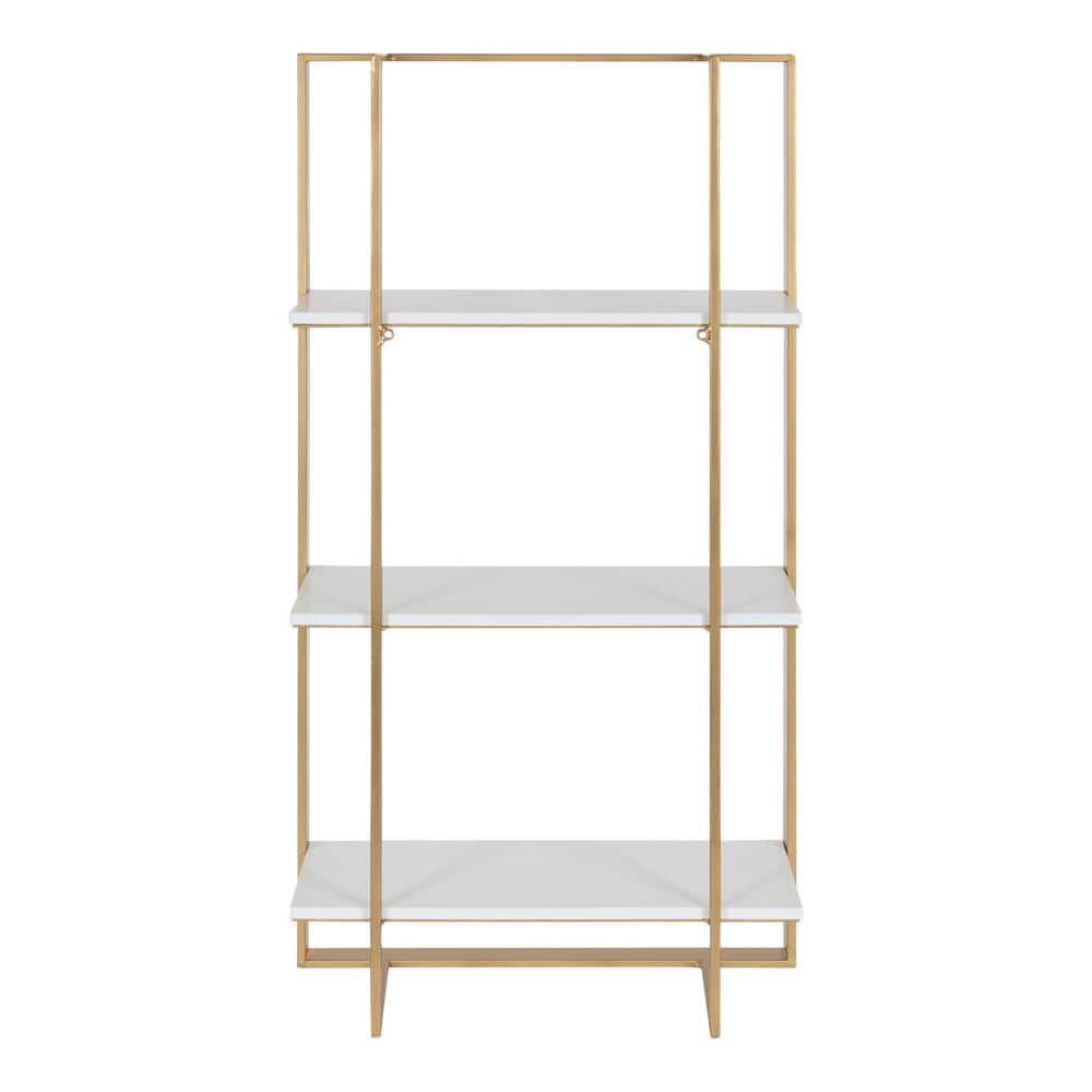 White and Gold Floating Wood Wall Shelf, 32 Inch
