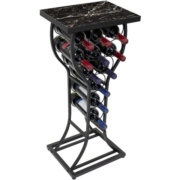 Mini Wine Stand with Faux Black Marble Table Top, 11-Bottle Black Metal Wine Display Table, Free Standing Wine Rack