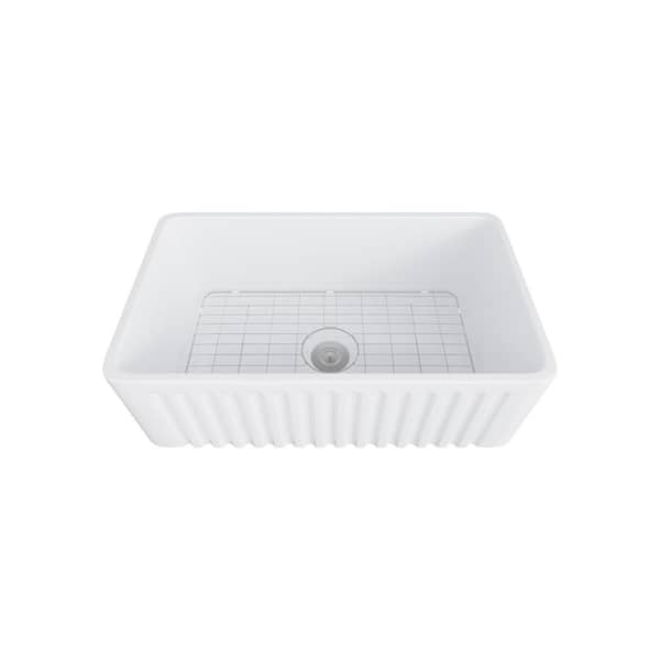 Brooklyn 30 in. x 18 in. Single Bowl Farmhouse Apron Kitchen Sink with Bottom Grids and Strainer in White Ceramic