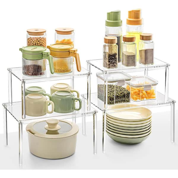 Acrylic Cabinet Organizer Set of 4 Clear Stackable Shelves for Kitchen Spice Rack Pantry Storage Desk Countertop Shelf