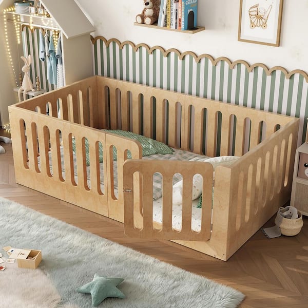 Low-Profile Natural Twin Size Wood Frame Montessori Bed Floor Bed, Kid Bed with High Security Fence, Door