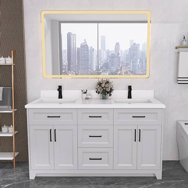 Staykiwi 60 in. W x 22 in. D x 34 in. H Double Sinks Freestanding Bath Vanity in Gray with White Engineered Stone Composite Top