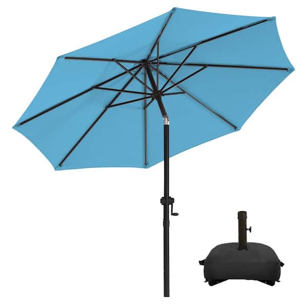 PASAMIC 9 ft. Market Patio Umbrella with Base and Push Button Tilt in Sky Blue
