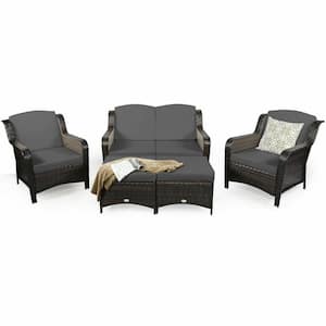 5-Piece Wicker Patio Conversation Set with Gray Cushions and 2 Ottomans