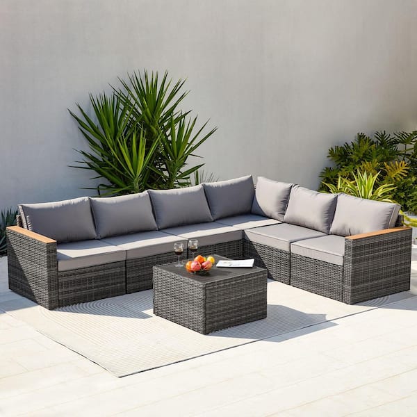 7-Pieces Wicker Rattan Outdoor Furniture Sofa Sectional And Table Set with Gray Cushions