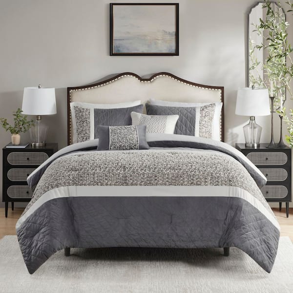 Madison Park Willow 5-Piece Grey Polyester Full/Queen Textured Jacquard Stripe Comforter Set