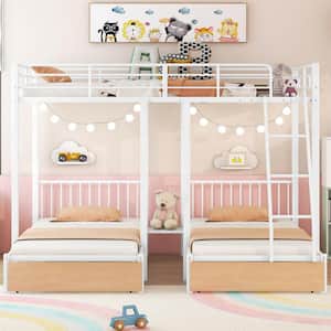 White Full over Twin and Twin Bunk Bed/Metal Triple Bunk Bed with Drawer, Ladder and Guardrail, Converted into 3 Beds