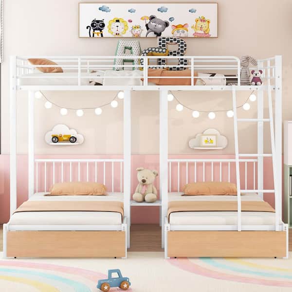 White Full over Twin and Twin Bunk Bed/Metal Triple Bunk Bed with Drawer, Ladder and Guardrail, Converted into 3 Beds