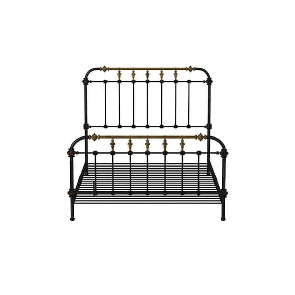 Black and Gold Metal Frame Queen Platform Bed with 7-Spindles on Headboard and Footboard