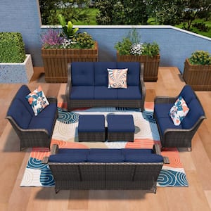 Patio Furniture Set 6 Pieces Outdoor Wicker Sectional Sofa with Blue Cushions