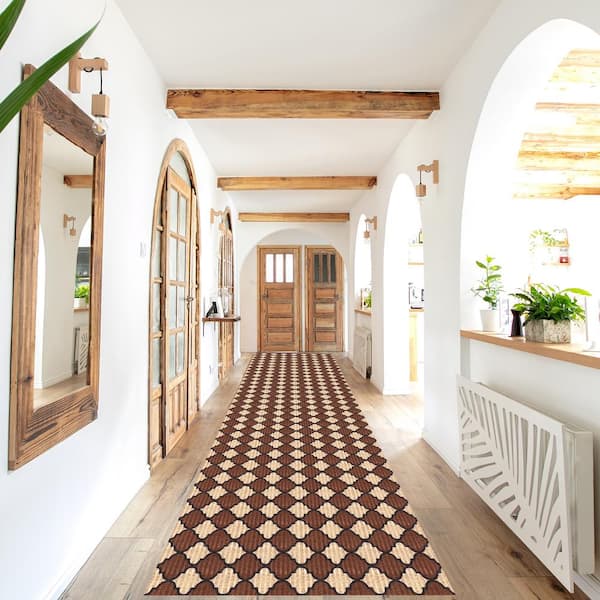 Heavy Duty Brown and Beige and Black 31 in. W x 31 ft. L Indoor/Outdoor Trellis Runner Rug