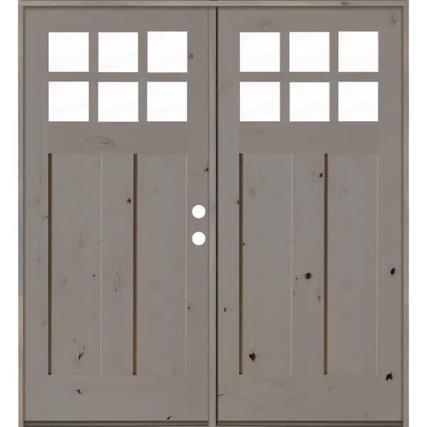72 in. x 80 in. Craftsman Knotty Alder Left Hand Active 6-Lite Clear Glass Wood Grey Stain Double Prehung Front Door