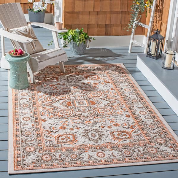 Cabana Beige/Orange 5 ft. x 8 ft. Border Medallion Floral Indoor/Outdoor Patio  Area Rug