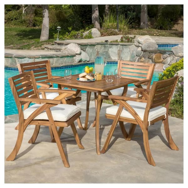 Harper & Bright Designs Teak Finish 5-Piece 100% Solid Wood Square Outdoor Dining Set with Beige Cushions