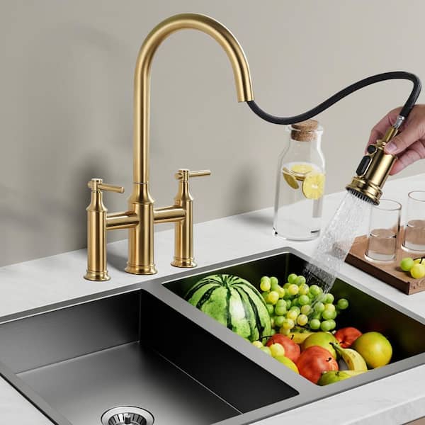 Brass Double Handles High Arc Bridge Kitchen Faucet with 3-Spray Modes Pull Down Sprayer and in Brushed Gold