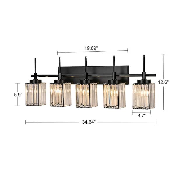 Orillia 34.64 in. 5-Light Modern Industrial Black Bathroom Vanity Light with Crystal Rectangular Shades