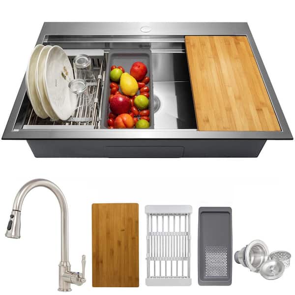 Handmade All-in-One Drop-in Stainless Steel 33 in. x 22 in. Single Bowl Workstation Kitchen Sink with Pull-down Faucet
