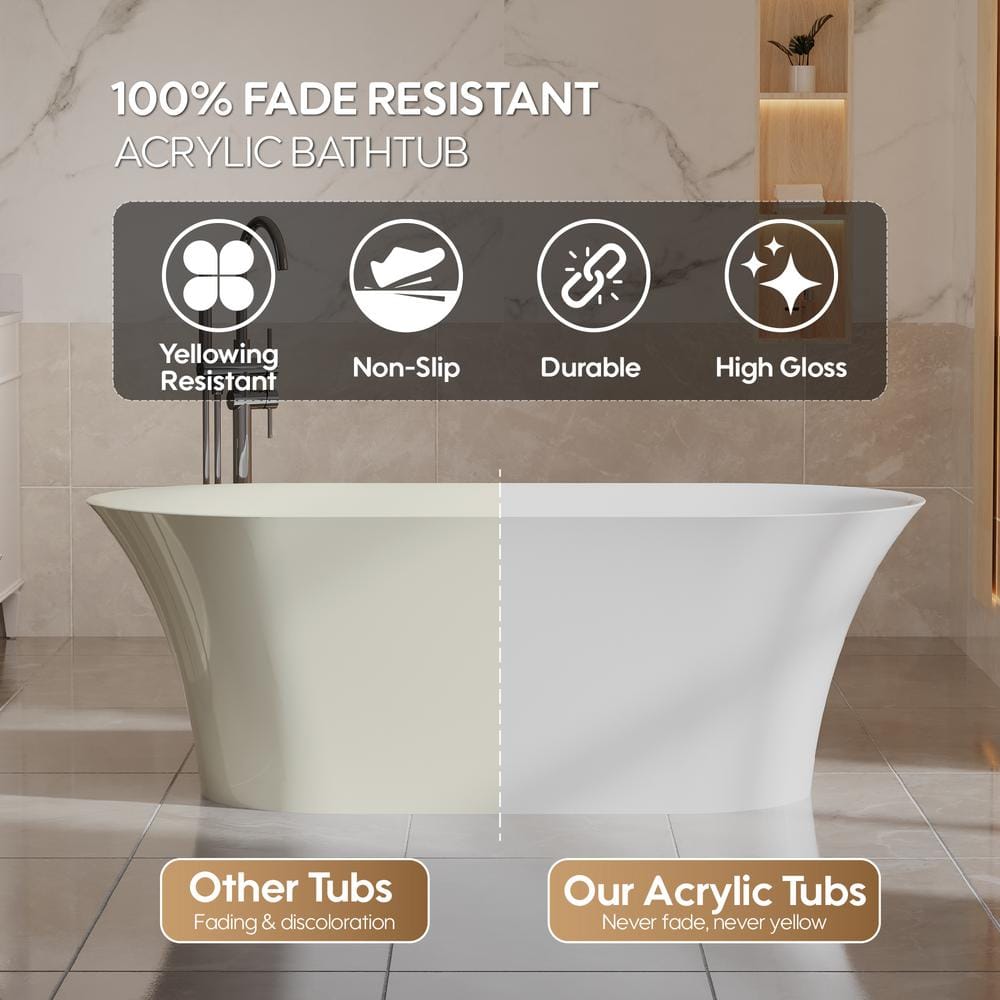 67-Inch Glossy White Acrylic Freestanding Soaking Bathtub with Chrome Drain