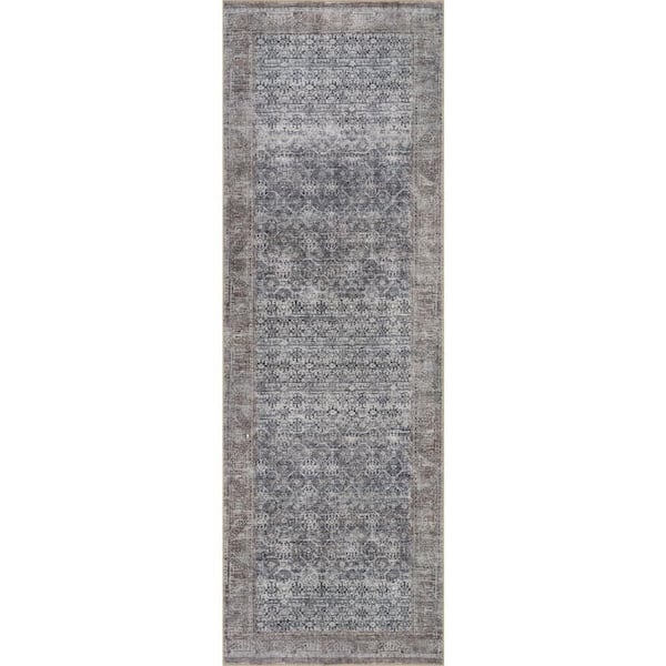 Alveris Vintage and Distressed Washable Area Brown 3 ft. x 8 ft. Indoor Runner Rug