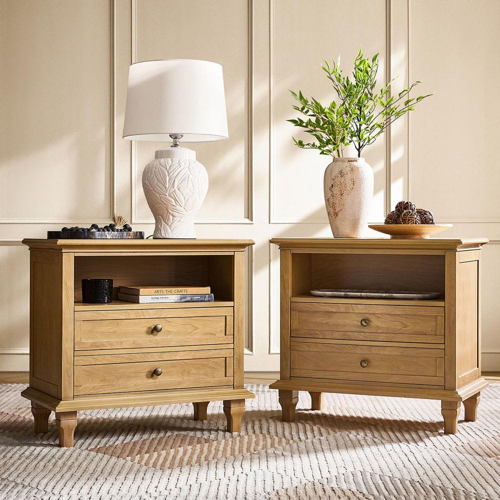 Ernesto 28.25 in. Natural Rectangle Wood End Table with Built-in Power Outlets Set of 2