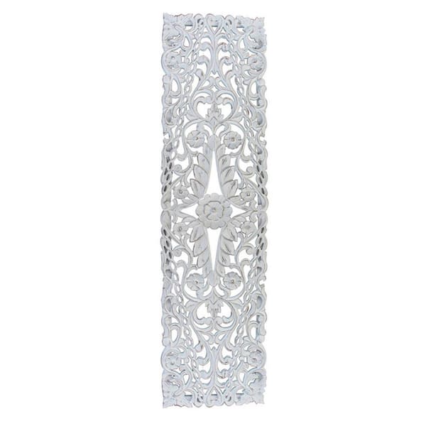 Benjara White Carved Floral Vine Design Tall Decorative Wooden Wall Art Panel