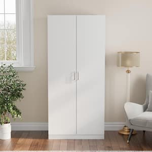White Wood 31.5 in. Armoire with Metal Hanging Rod and 6-Shelves, Modern 2-Door Bedroom Wardrobe Closet with Storage