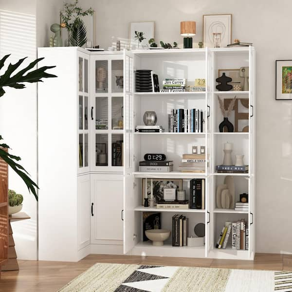 78.9 in. Tall 15-Shelf White Wood Corner Standard Bookcase with Adjustable Shelves, Tempered Glass Doors, Cabinet