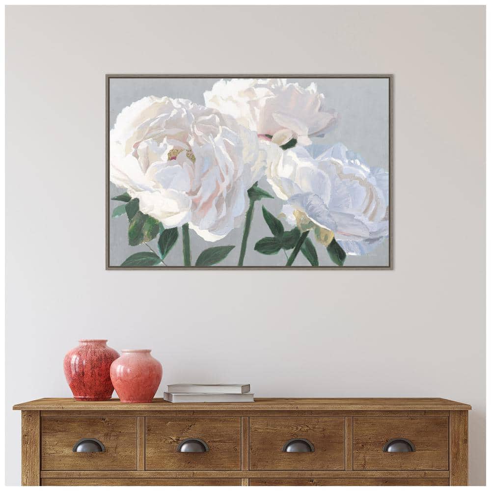 Essence of June I Gray Floral Canvas Wall Art with Distressed Greywash Frame