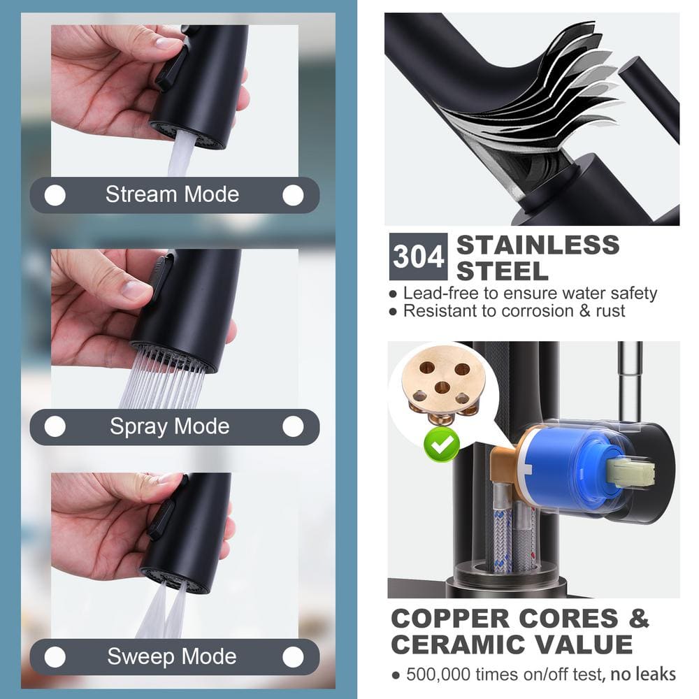 Matte Black Single Handle High-Arc Kitchen Faucet with Soap Dispenser
