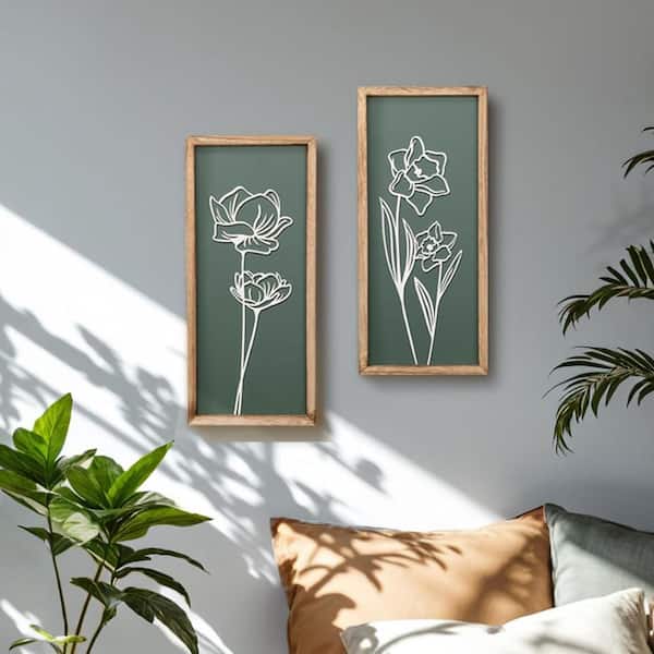 2 Piece Wood Framed Floral 3D Wall Art Print 16 in. x 7 in