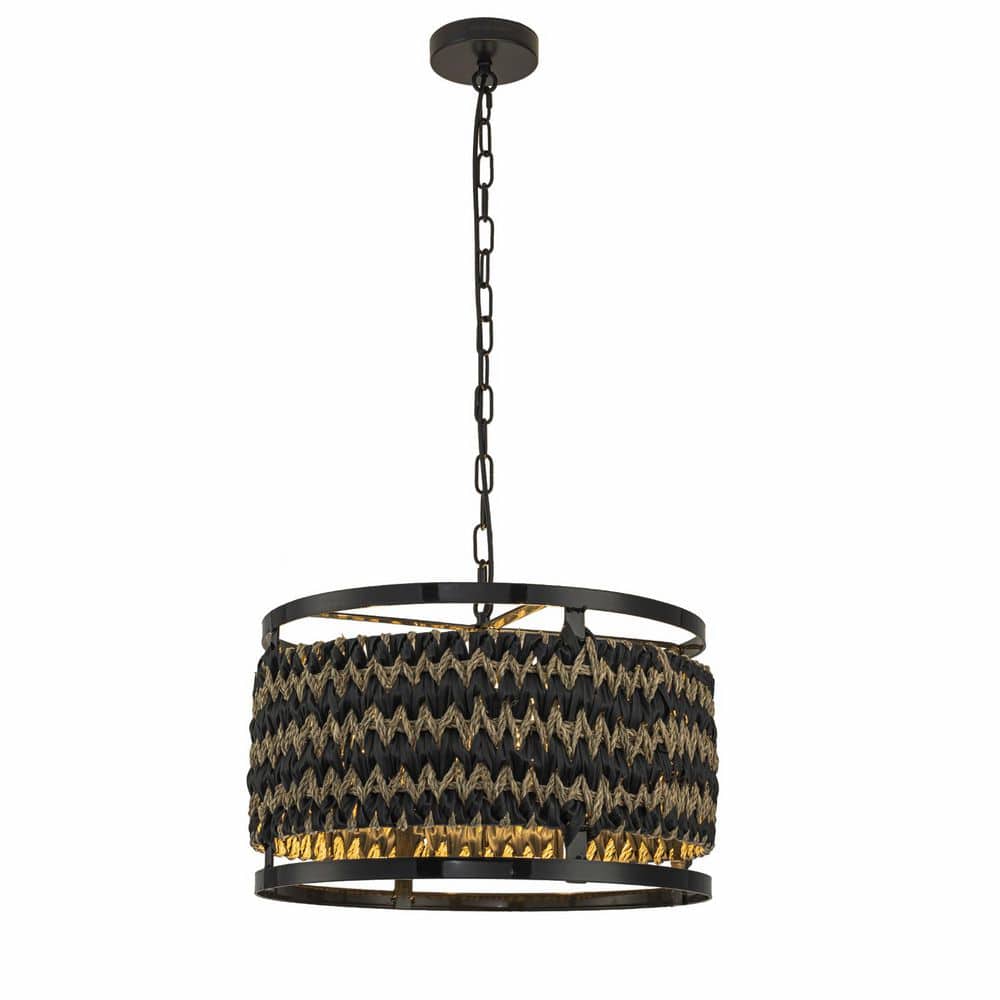 Amara 18 in. 3-Light Matte Black Rustic Boho Drum Pendant Light for Dining Room with Rattan Shade price history on PriceWatchPro