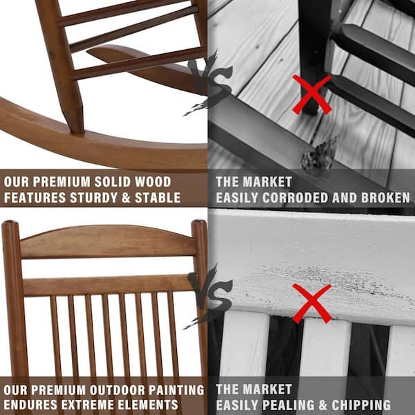 3-Piece Wood Outdoor Rocking Chairs with Curved Seat and High Backrest, Brown