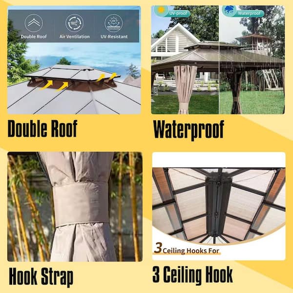10 ft. x 12 ft. Hardtop Gazebo, Aluminum Permanent Outdoor Gazebo with Polycarbonate Double Roof, Curtain and Netting
