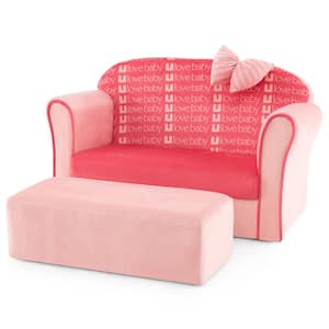 Pink Velvet Upholstered Sofa Kids Double Sofa Couch with Footstool and Armrests
