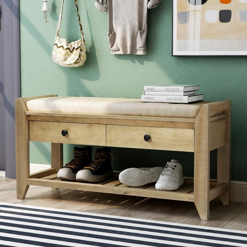 19.8 in. H x 39 in. W Gray Wash Wood Shoe Storage Bench? with Cushion and Drawers