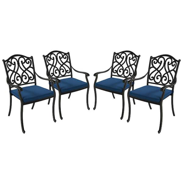 Black Cast Aluminum Stackable Outdoor Dining Chair with Navy Blue Cushions (4-Pack)