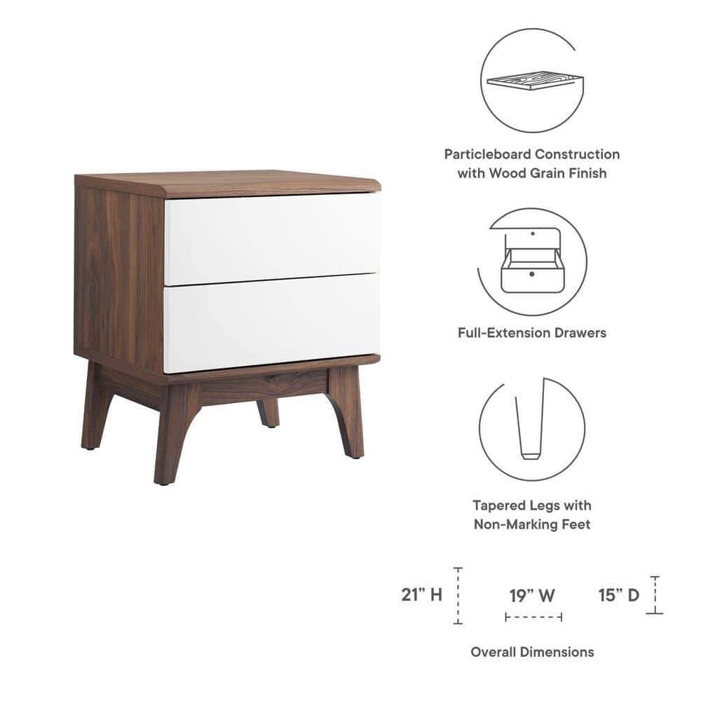 Walnut and White 2-Drawer Nightstand with Tapered Legs