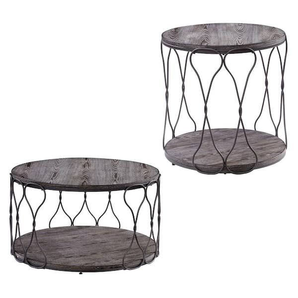 Furniture of America Octavia 34 in. Gray and Black Round Wood Coffee Table Set (2-Piece)