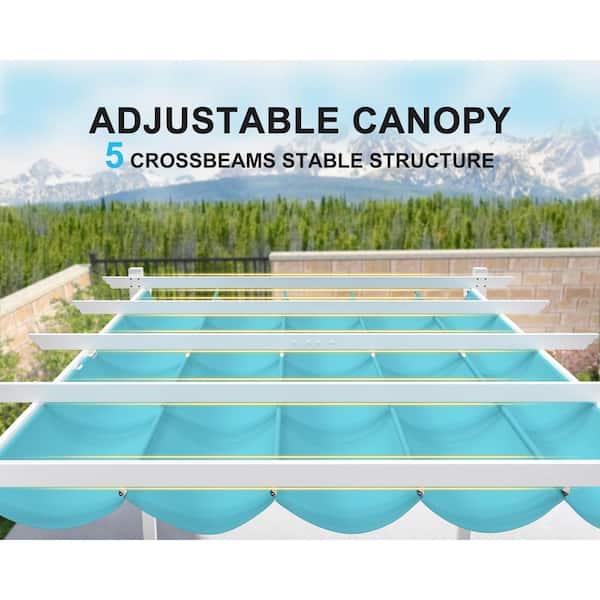 10 ft. W x 13 ft. D Outdoor White Aluminum Pergola with Blue Adjustable UV Resistant Sun Shelter Canopy for Garden