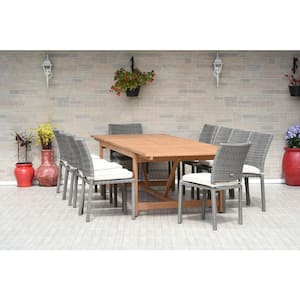Jameson 11-Piece Wood/Wicker Rectangular Patio Dining Set with White Cushions