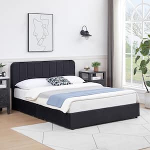 Upholstered Bed Black Metal Frame Full Size Platform Bed with 4-Storage Drawers and Headboard, Wooden Slats Support