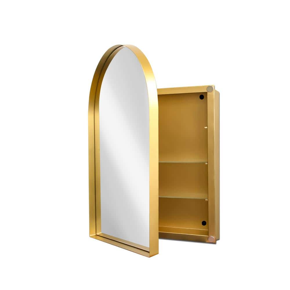 Gold 24 in. W x 35.8 in. H Arched Metal Medicine Cabinet with Mirror Adjust