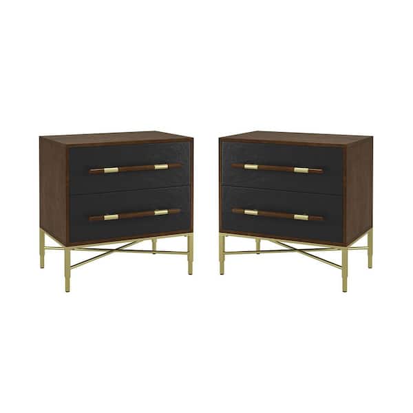 JAYDEN CREATION Justinian 2-Drawer Black Nightstand with Metal Legs 24 in. Tall Set of 2